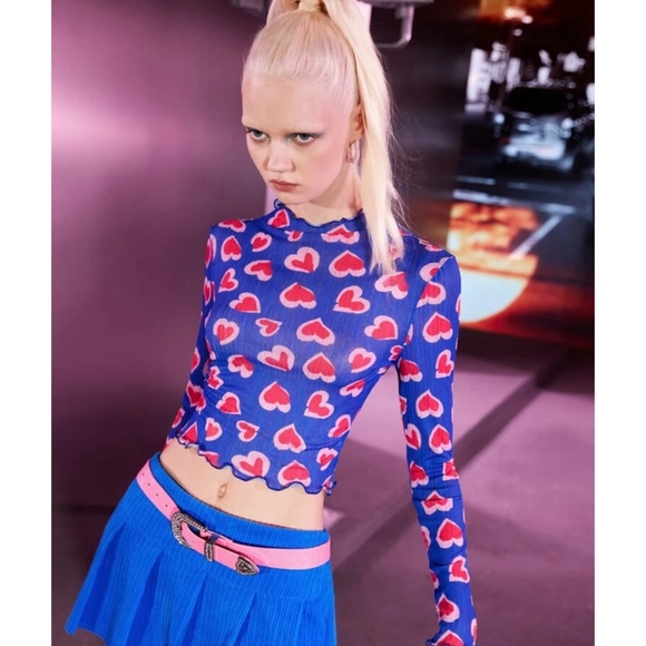 Heart Print Mesh Long Sleeve Top Blue Red Valentines Day Top Sizes S-L Available - Picture 2 of 8